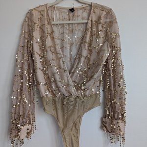 Vintage sequin golden body suite front cut